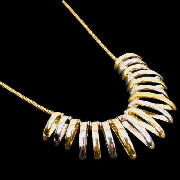 Silver and gold necklace with dome shape metal links attached to a snake chain - Picture 8 of 8